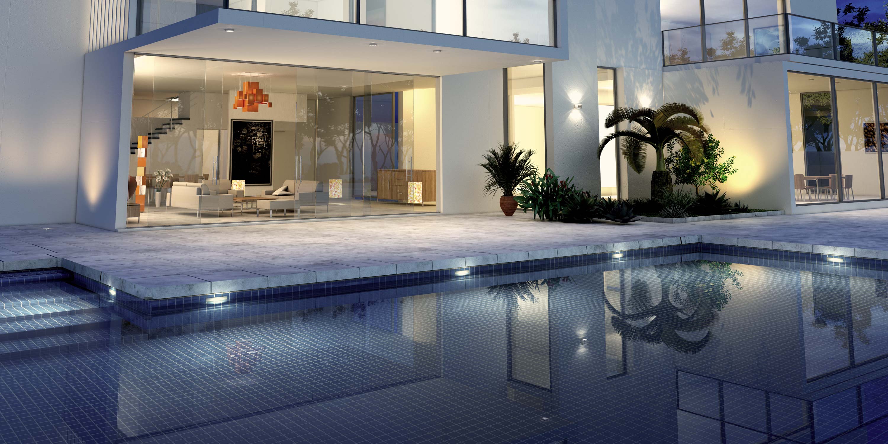 blue tinted image with pool and modern architecture