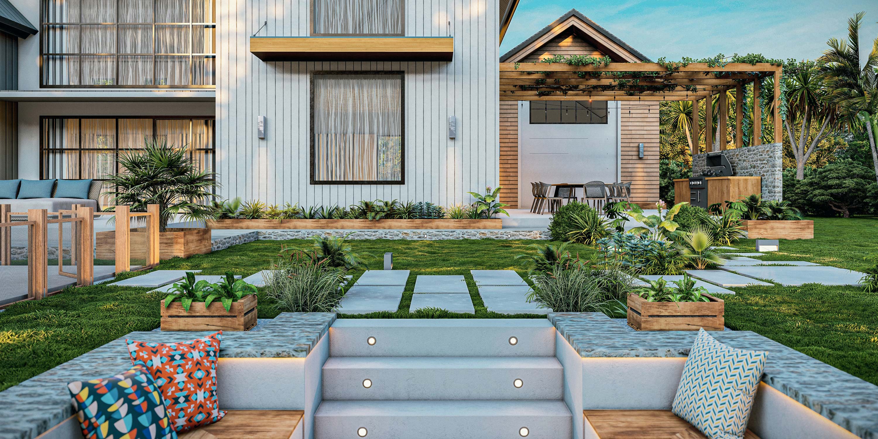 patio with outdoor stairs and lighting for the steps