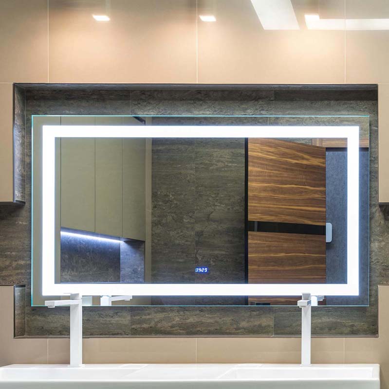 Large rectangular mirror with built-in LED lights and modern technology, placed in a contemporary bathroom setting.