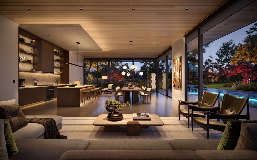 A home with an open floor plan softly illuminated by Lutron lighting. 