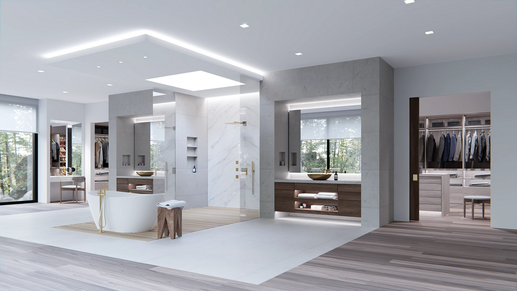 Modern bathroom with smart lighting, freestanding tub, vanity mirrors, and walk-in closet.