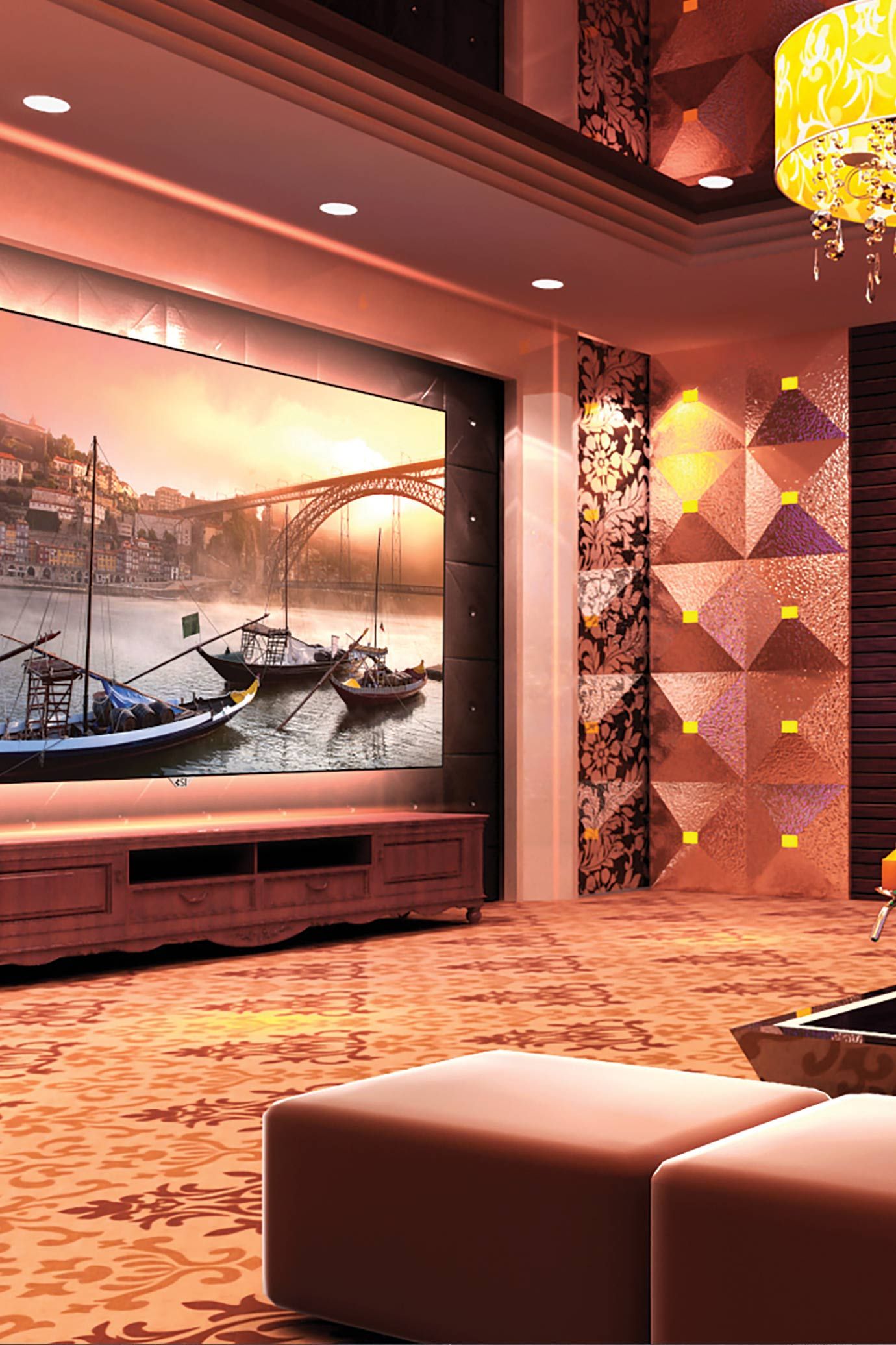 Acoustical Treatments in a home theater with pink tones