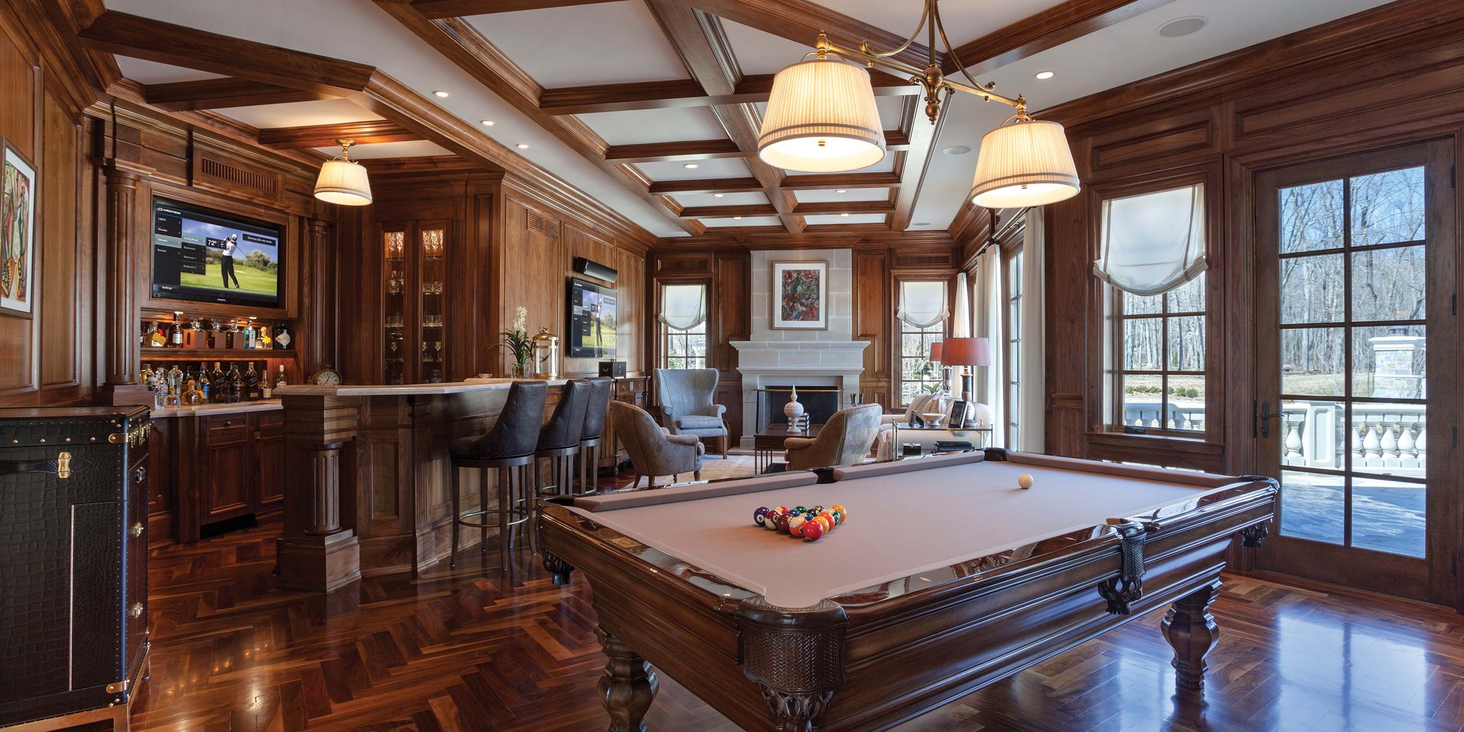 home game room and bar with crestron technology
