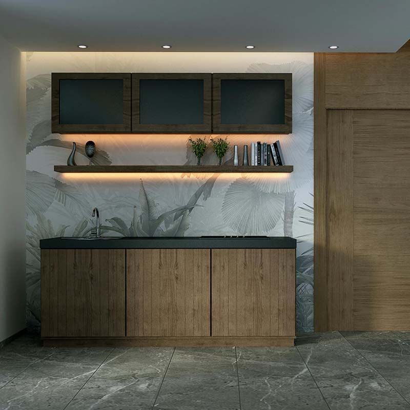 A wooden storage area with integrated LED lighting under its shelves, illuminating the countertop and décor items.