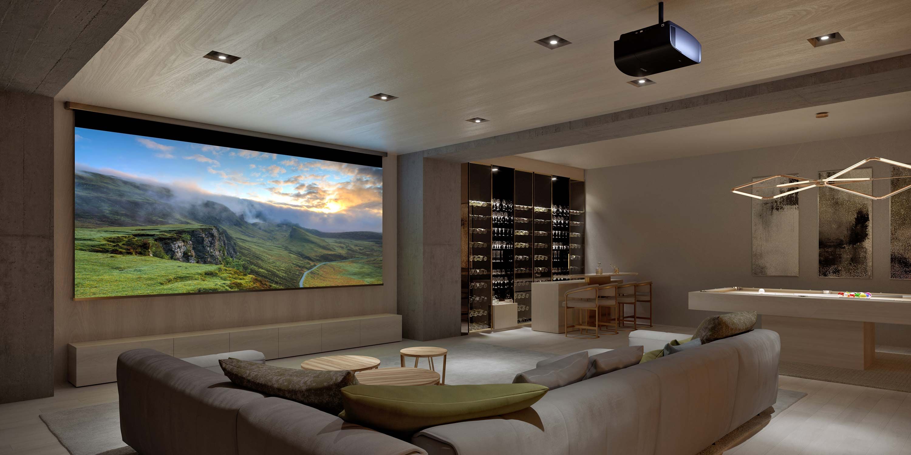 home game room and bar with crestron technology