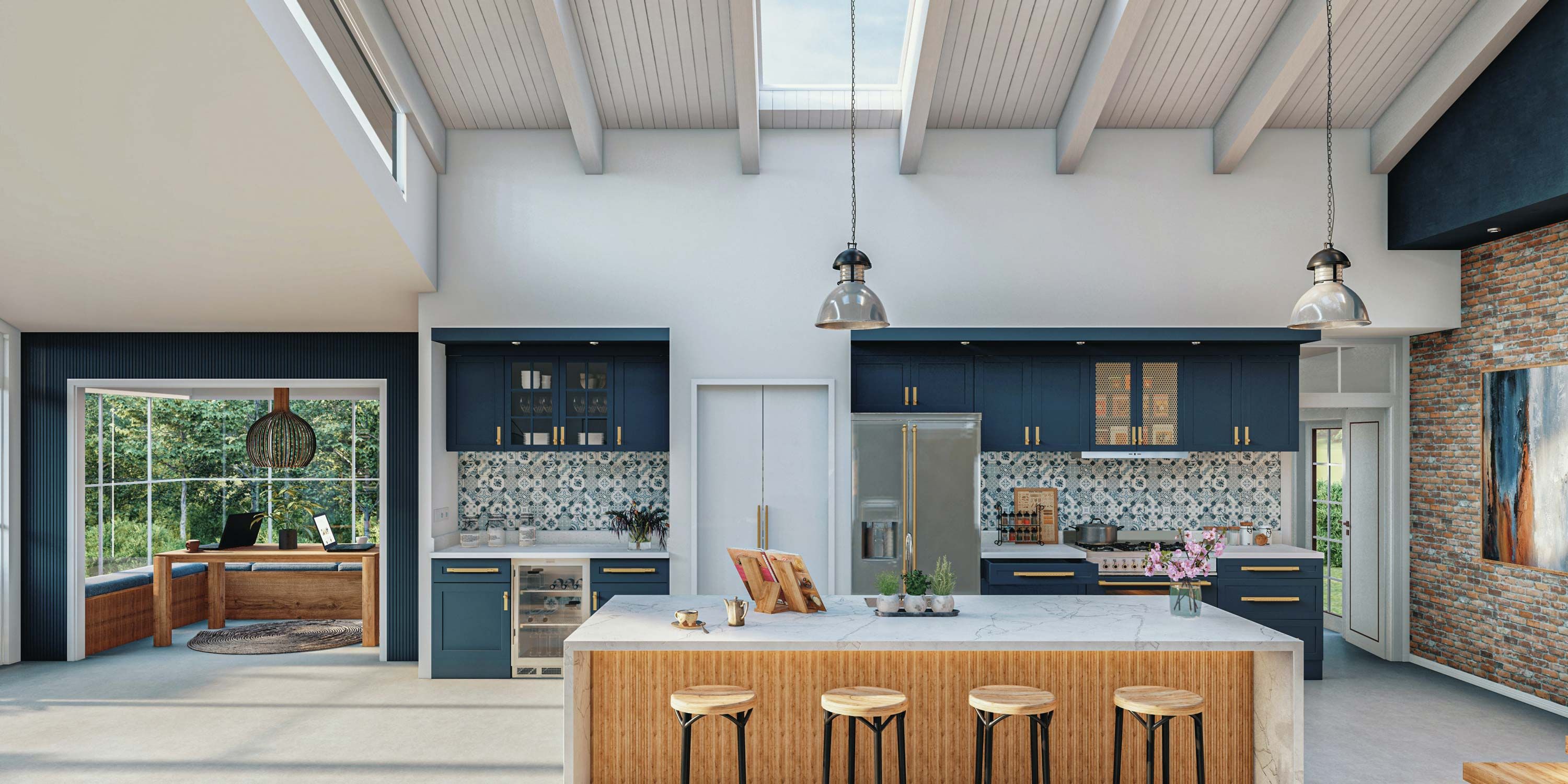 kitchen stock image with blue cabinets and blue green tiles